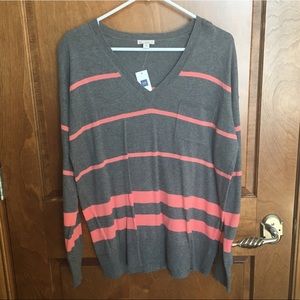 Gap Boyfriend Striped Gray & Salmon V-Neck Sweater